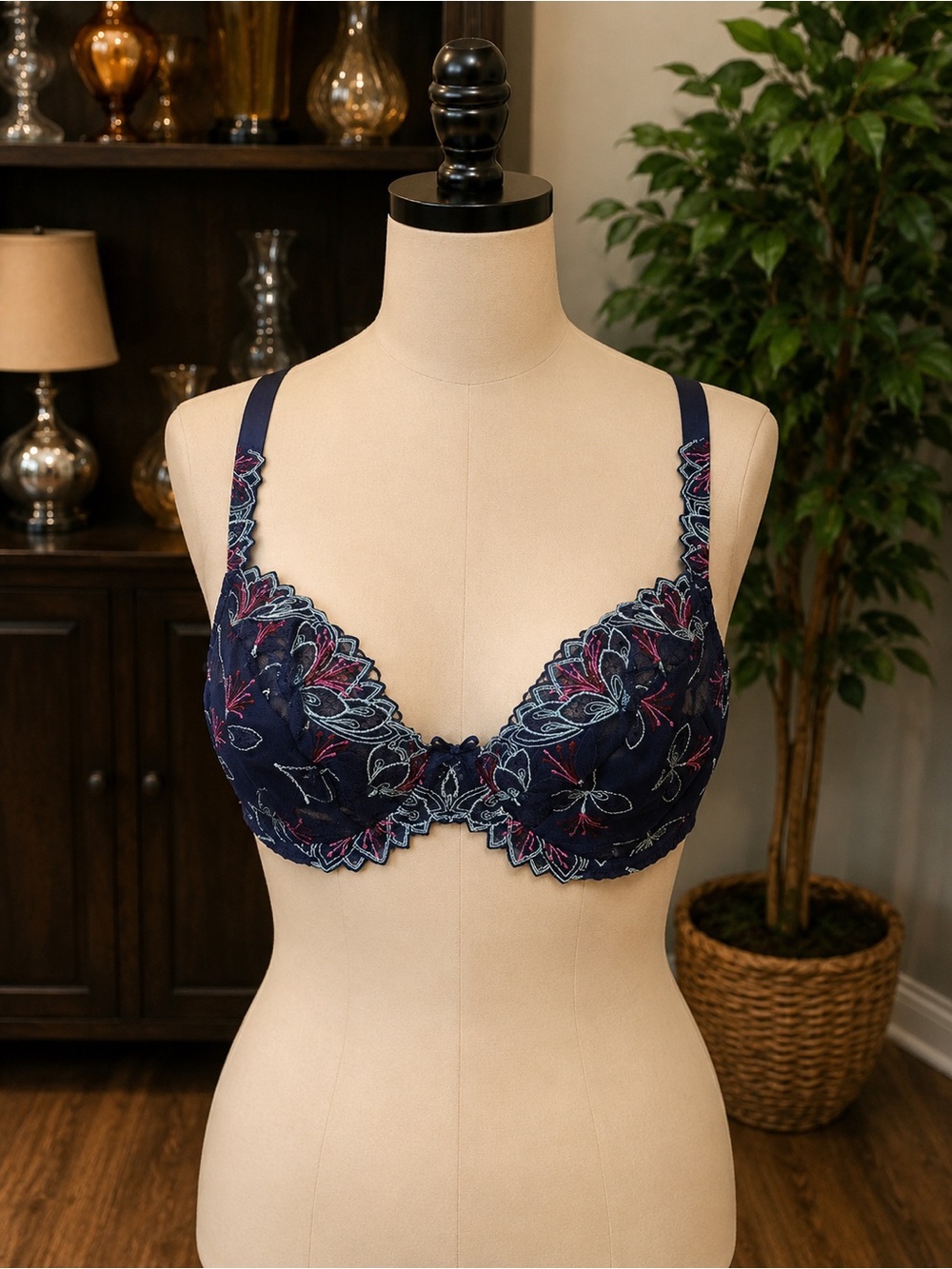 Embroidered Navy Blue Underwire Bra with Floral Accents